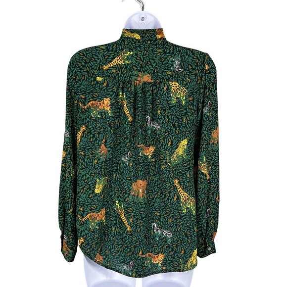 J.Crew Womens Green Jungle Print Long Sleeve Button Up Blouse Tie Neck XXS Artsy - Picture 3 of 15